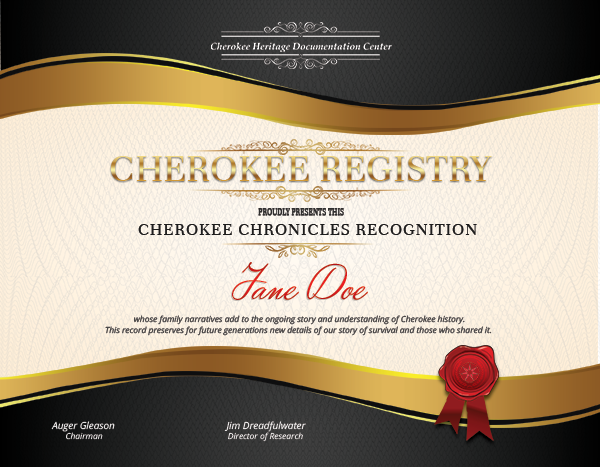 Certificate - Cherokee Chronicles Recognition