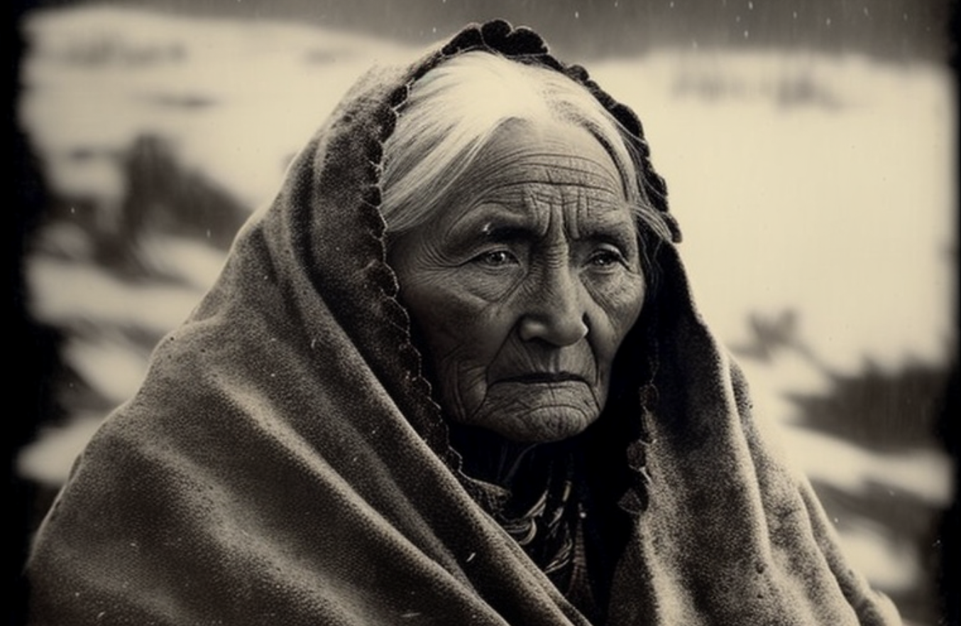 Old woman in snowy field - trail of tears
